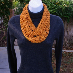 SUMMER SCARF Infinity Loop, Solid Golden Orange Soft Lightweight Skinny Small Crochet Knit Circle Endless Cowl, Crocheted Necklace, Women's Neck Tie..Ready to Ship in 2 Days