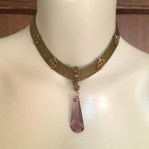 OOAK Vintage Amethyst Crystal Gold Mesh Pendant Necklace