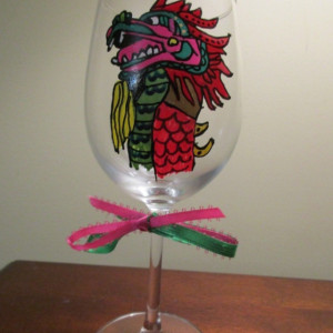 Painted Wine Glass Folk Art Dragon 12oz.