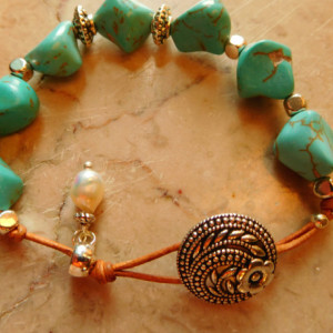 Natural leather and turquoise pebbles beads bracelet and matching earrings set design.  #BES00117