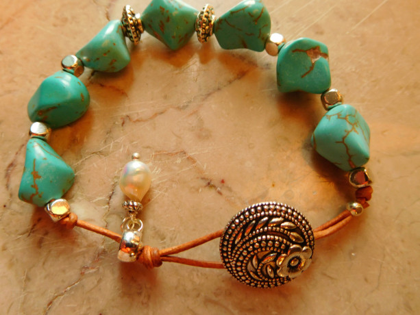 Natural leather and turquoise pebbles beads bracelet and matching earrings set design.  #BES00117