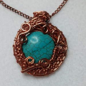 One of a Kind Handmade Woven Copper Wire and Turquoise Pendant Necklace