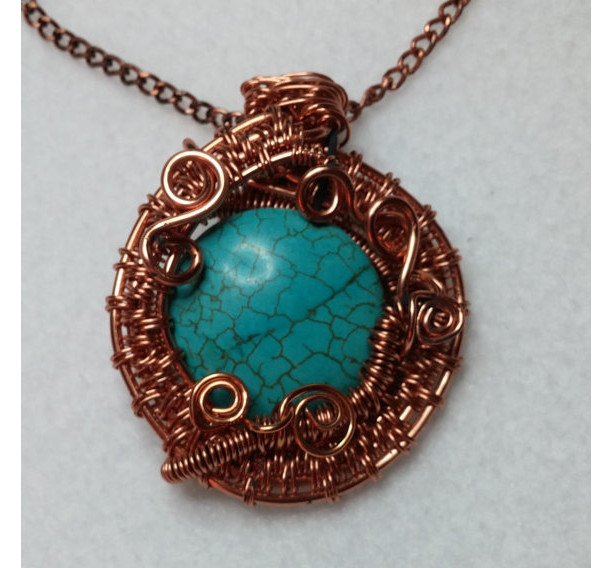 One of a Kind Handmade Woven Copper Wire and Turquoise Pendant Necklace