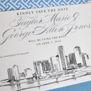 Miami City Skyline Hand Drawn Save the Date Cards (set of 25 cards)