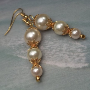 White Pearl Earrings Ocean Beach Bridal White Pearl Earrings Seaside Seashore Wedding Pearl Crystal Gold Earrings Bridal Gift