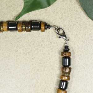 Free Shipping - Handmade Men’s Hematite and Wood Beaded Necklace – 20 inch