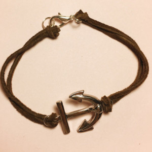 Brown Leather Bracelet, Charm Bracelet with Anchor Charm