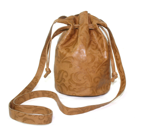Camel Leather Bucket Bag, tan leather crossbody, embossed women's purse