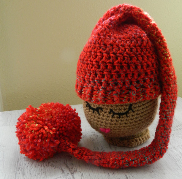 Crocheted Baby Elf Stocking Hat with Pompom - Newborn - 9 MO Photo Prop