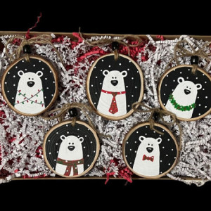 Wood Slice Ornaments - Set of 5 Cute Christmas Polar Bears!