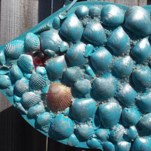 Aqua Blue Fish  seashells on pressed wood
