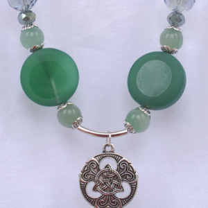 Triquetra Pendant Necklace, Green Aventurine, Dara Knot, Celtic, Half Matte Green Agate, Crystal, Faceted Disco, Blue-Green, Metallic Green