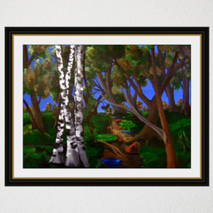 Evening Stroll through the woods - Acrylic painting of trees in the woods with beautiful blue sky