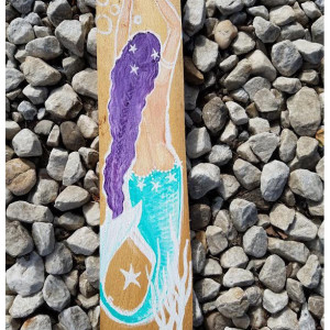 Purple hair aqua tail Mermaid on Cedar Panel 18 x 5 inches Mermaid Beach House Decor, Bathroom Decor