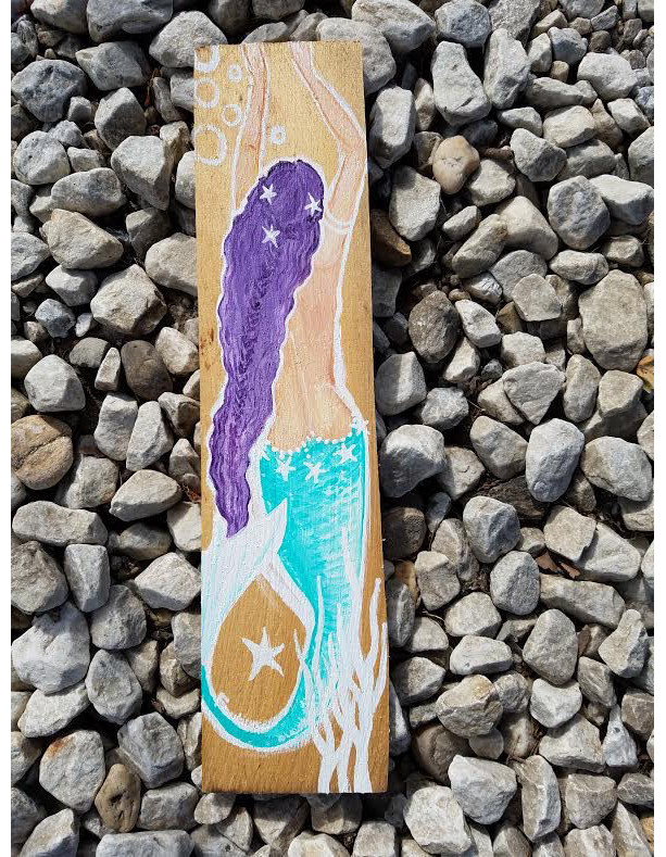 Purple hair aqua tail Mermaid on Cedar Panel 18 x 5 inches Mermaid Beach House Decor, Bathroom Decor