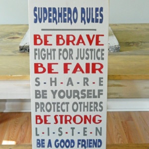 Superhero Rules - Slightly Distressed Wood Art Typography Sign - Boys Room Sign - Kids Room Sign - Little Boys - Superhero