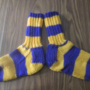 Hand Knit Adult Winter Socks- Purple and Gold