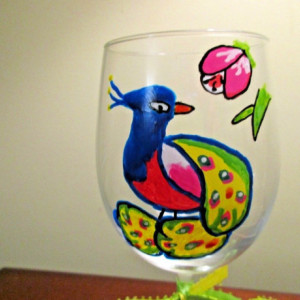 Painted Wine Glass Folk Art PEACOCK 12 oz.