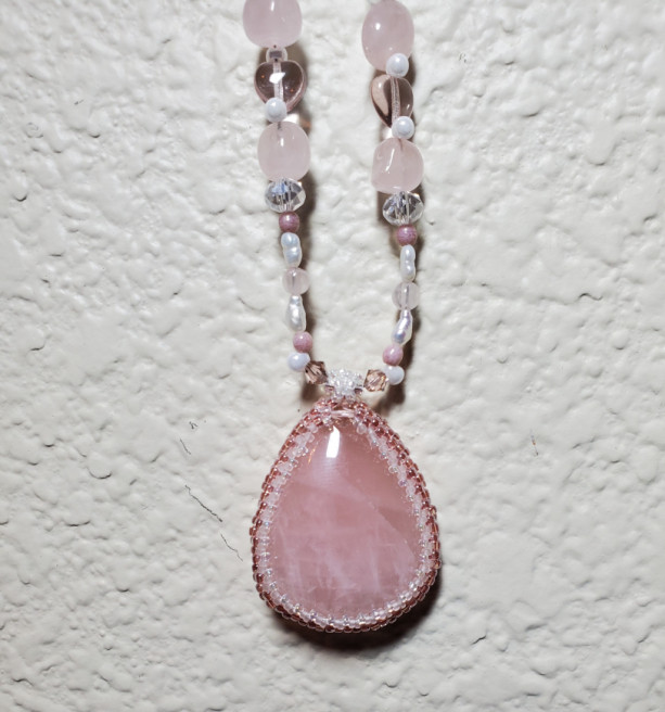 Necklace/Earrings Set - Rose Quartz in Glass Beaded Bezel, ID - 158