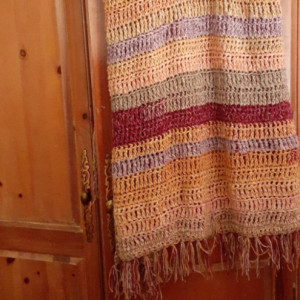 Boho batik hand crocheted afghan in wheat, salmon, taupe/gray, plum, lavender.