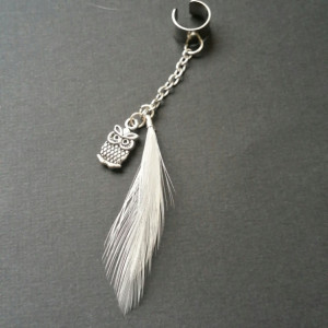 White Feather Ear Cuff w/ Silver Owl Charm  - Earcuffs - Earring