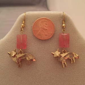 14K Gold Plate with Strawberry Quartz and Foxes Earrings