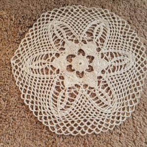 Handmade tan flower doily.  This is an original design doily.  Home decor.  Perfect for your table