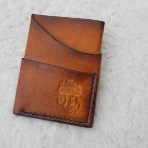 Leather Card Wallet Light brown with navy blue thread