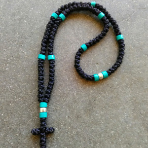 komboskini/orthodox prayer rope 100 knot- black with turquoise and silver bead black with turquoise and silver