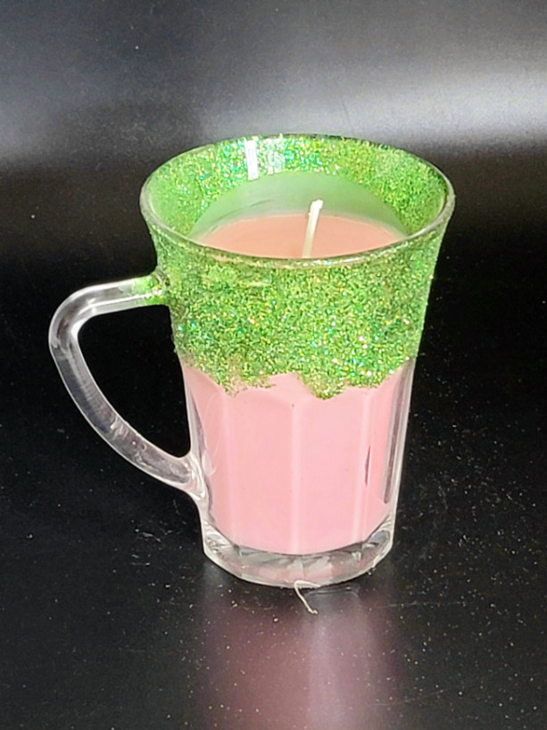 8oz Red with Green Glitter Peppermint Soy Candle- Glass Container- Handmade- Gift- Present- Pride-Housewarming-For Her-Birthday-Dorm Room