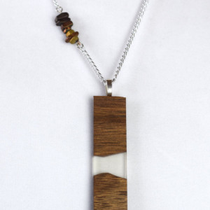 Wood and Resin Pendant - Handmade with Stone Accent Chain