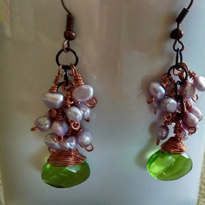 Peridot Crystal Briolette Cluster Dangling Earrings wrapped in Copper with Lavender seed pearls