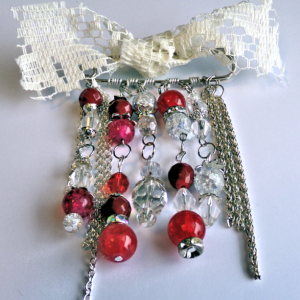 Brooch with Red and Clear Glass Beads