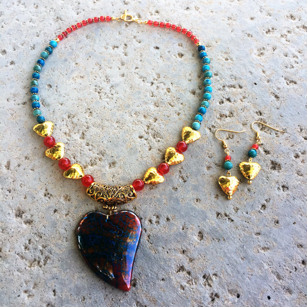 Dragon's vein agate, crazy lace, and gold statement heart Necklace and earrings