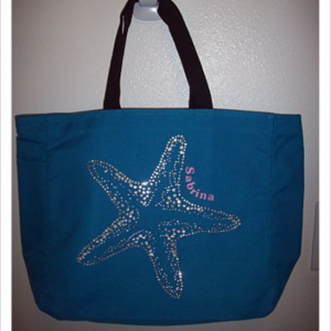 Personalized Rhinestone Starfish Tote Bag with Pockets to hold waterbottle
