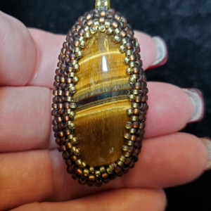 Pendant - Golden Tiger Eye Gemstone in Glass Beaded Bezel - ID 34