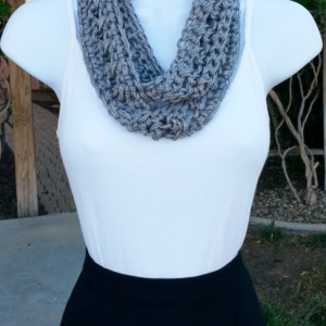 Small Gray SUMMER SCARF Infinity Loop, Solid Grey Cowl, Soft Lightweight Acrylic Crochet Knit Endless Circle Skinny..Ready to Ship in 2 Days