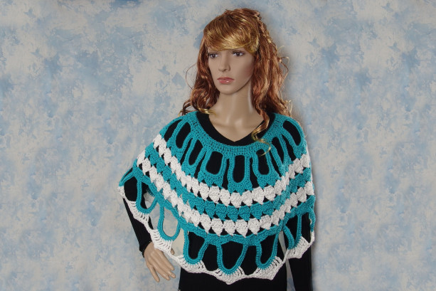 Handmade Crochet Poncho, crochet Cape, Shawl, Capelet, Poncho Crochet, cape crochet, Turquoise and White, "Elizabeth"
