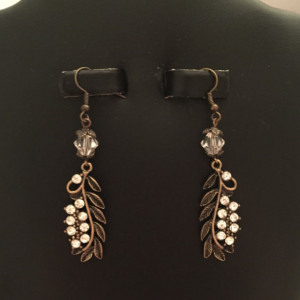 Real Czech Crystal and Antique Brass Leaves Drop Earrings