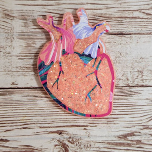 Tropical Peach Glitter & Holographic Gold Anatomical Heart Cardiac Nurse Resin Badge Holder. Resin Retratable Badge Reel. Cardiac Nurse.