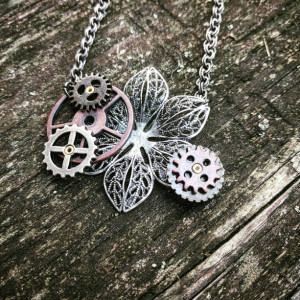 Steampunk Kinetic Industrial Neo-Victorian Handmade Ooak Machinery Filigree Lace Antiqued Copper Gears Necklace