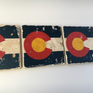 Colorado State Flag Natural Stone Coasters, Set of 4 with Full Cork Bottom