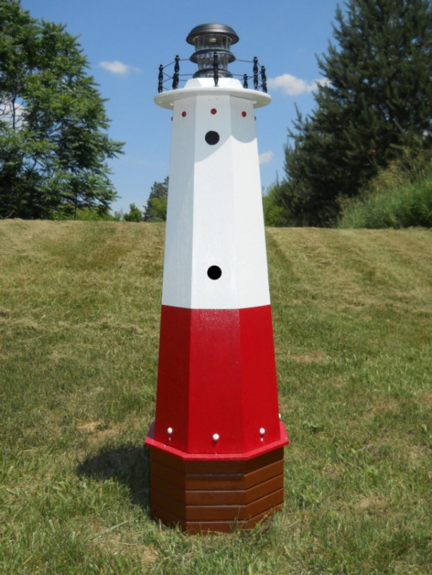 48" Solar lighthouse wooden wellhead cover decorative garden ornament - Vermilion lighthouse
