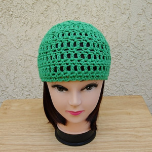 Solid Green Summer Beanie, 100% Cotton Lacy Skull Cap, Women's Crochet Knit Sun Hat, Lightweight Thin Chemo Cap, Ready to Ship in 3 Days