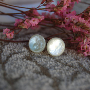 Small Round White "Shell" Button Stud Earrings