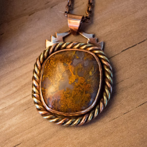 Red Moss Agate Copper Brass Pendant Amulet Necklace Handmade