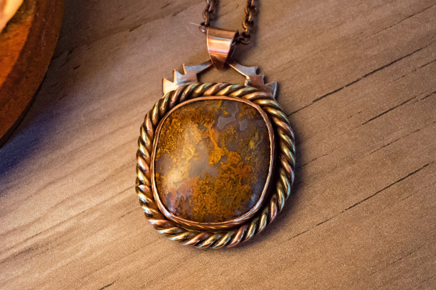Red Moss Agate Copper Brass Pendant Amulet Necklace Handmade