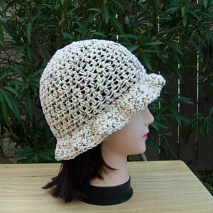 Light Natural Brown Beige Summer Hat with Wavy Brim, 100% Cotton Lacy Women's Crochet Knit Lightweight Beach Sun, Ready to Ship in 3 Days