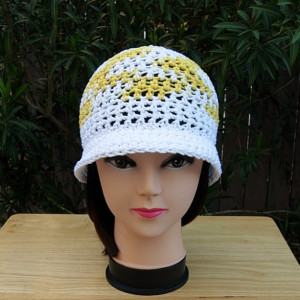 Bright Yellow and White Summer Beach Sun Hat, 100% Cotton Women's Crochet Knit Beanie Bucket Cap with Cloche Brim, Ready to Ship in 3 Days