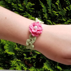 Pink Cotton Flower Bracelet with Glass Pearl Center